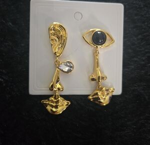 Schiaparelli Inspired Asymmetrical Gold Face & Eye Drop Earrings Crystal Accent